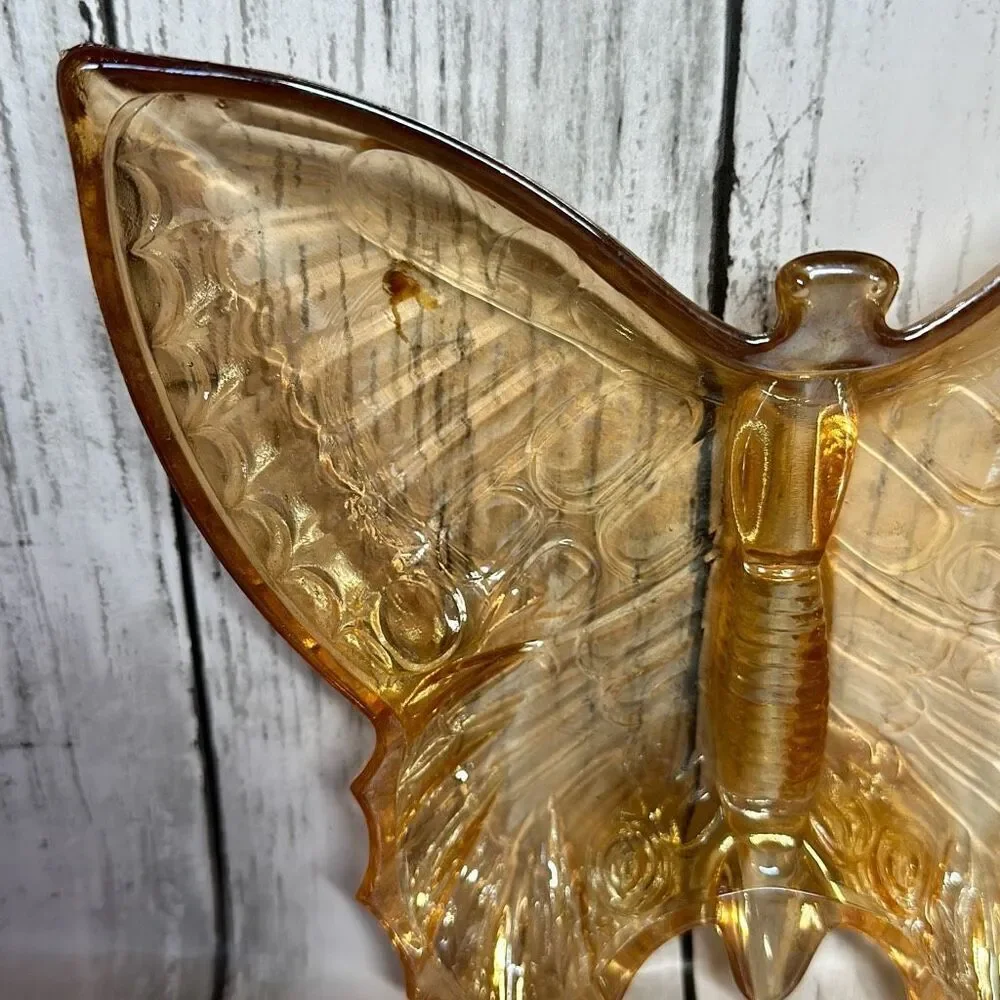 Jeanette Glass Dish Vintage Butterfly Amber Nut Candy Relish Divided Collectible